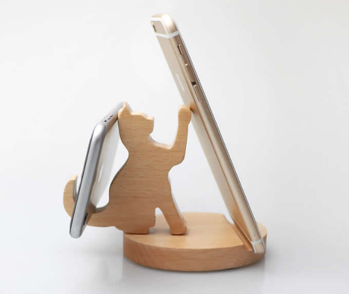 Wooden Cat Cell Phone iPad Stand Holder