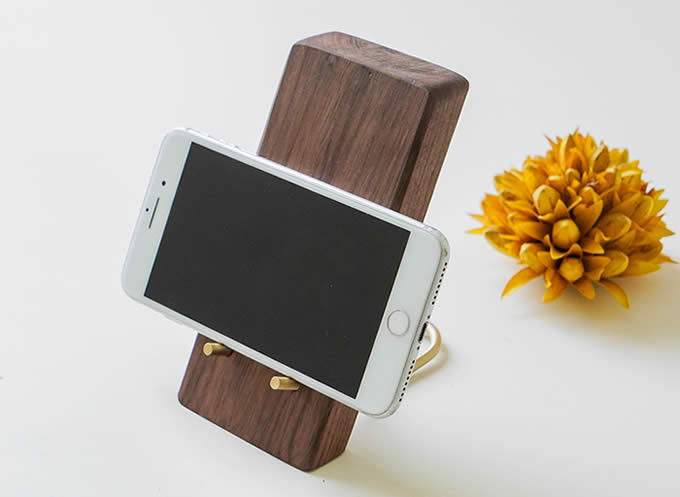 Black Walnut Brass Wood Phone Holder