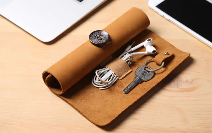Leather Roll Up Style Cable Travel Organizer  For Cable Earphone Charger Pen Key