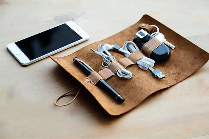 Leather Roll Up Style Cable Travel Organizer  For Cable Earphone Charger Pen Key