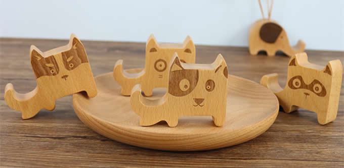  Natural Wooden Mobile Phone Holder Universal Dock With Dog Face for Android Smartphone, Iphone Mobile Phone,Accessories Desk