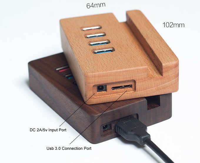  Portable Wooden USB 3.0 4-Port Hub with Stand for All Phones 