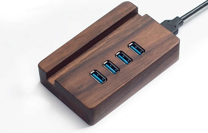  Portable Wooden USB 3.0 4-Port Hub with Stand for All Phones 