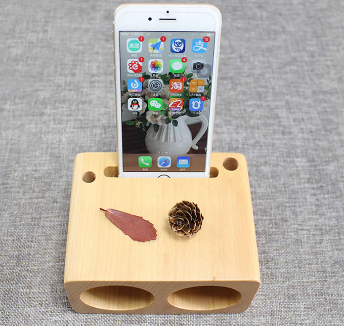 Wooden Cell Phone Sound Amplifier Dock Stand Holder  With Pen Stand