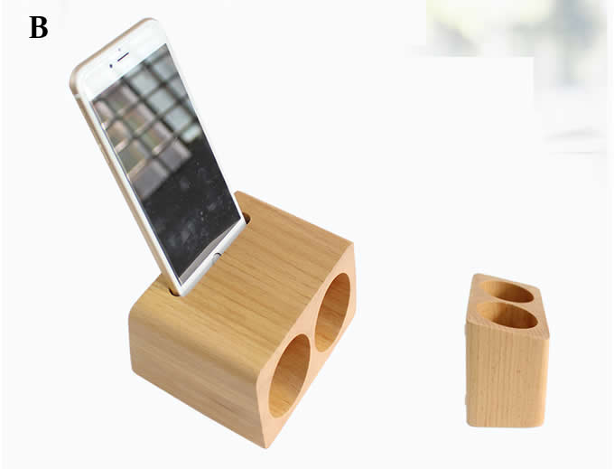 Wooden Cell Phone Sound Amplifier Dock Stand Holder  With Pen Stand