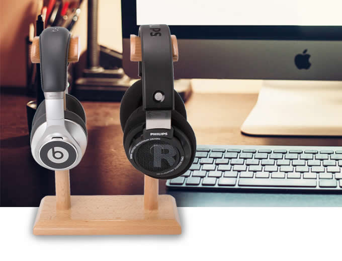 Universal Black Walnut Wooden Dual Headphone Stand Hanger Holder