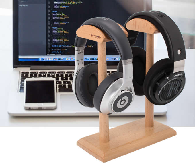 Universal Black Walnut Wooden Dual Headphone Stand Hanger Holder