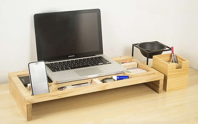  Wooden Computer Monitor Stand Riser - Laptop Stand and Desk Organizer with Keyboard Storage 