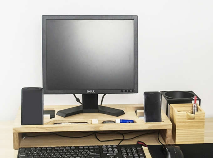  Wooden Computer Monitor Stand Riser - Laptop Stand and Desk Organizer with Keyboard Storage 