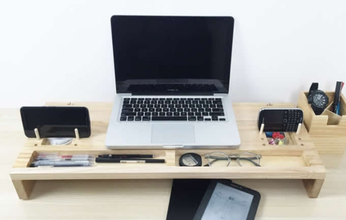  Wooden Computer Monitor Stand Riser - Laptop Stand and Desk Organizer with Keyboard Storage 