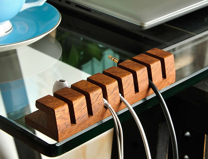 Wooden Cable Organizer Cord Management System Holder for Power Cords and Charging Cables