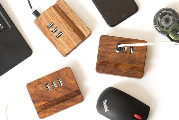 Wooden 3-Port USB Desktop Charger with Stand for All Phones