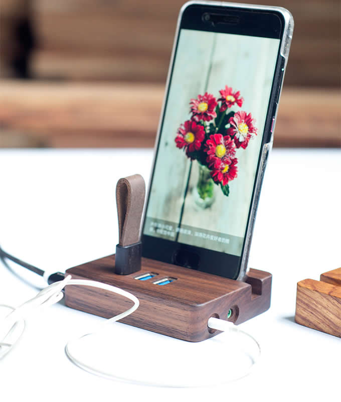 Wooden 3-Port USB Desktop Charger with Stand for All Phones