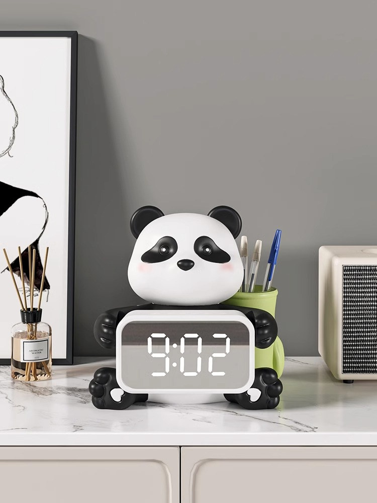 Adorable Panda Decorative Desk Clock And Pen Holder