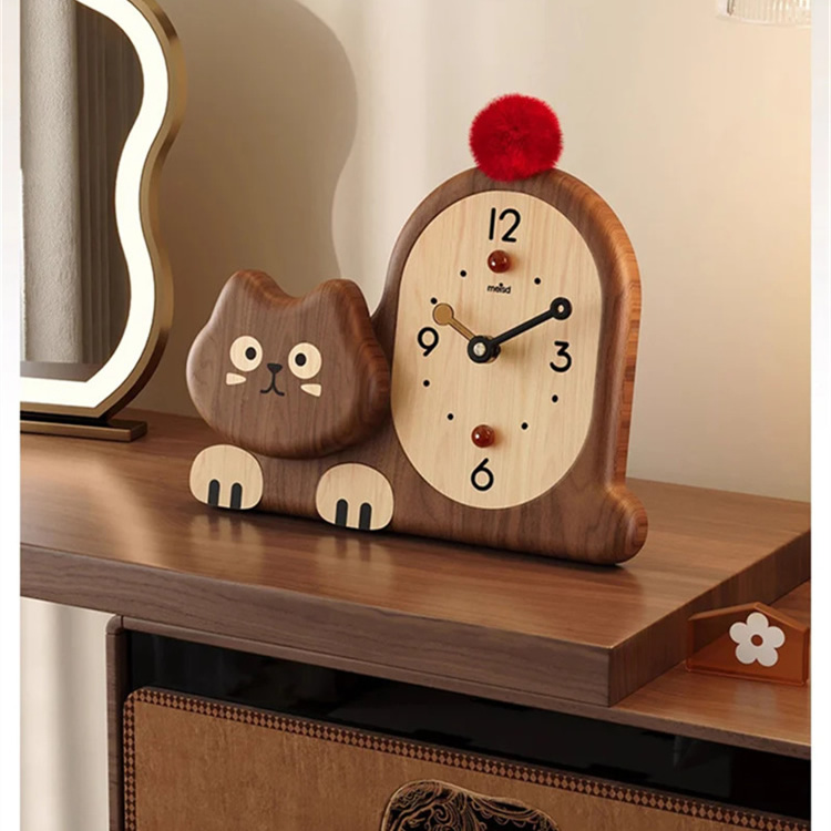 Funny Cat Wooden Desk Clock - Whimsical Silent Non-Ticking Decor
