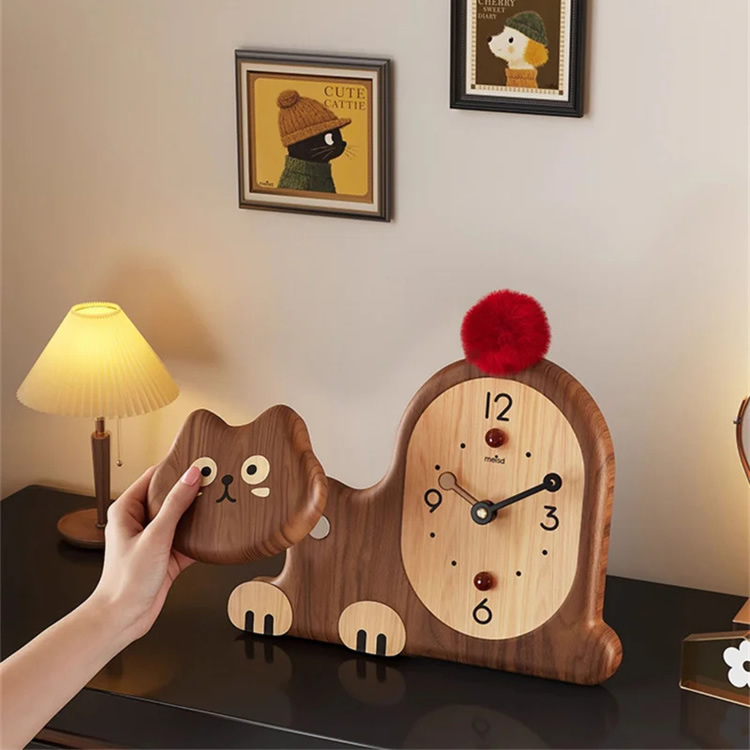 Funny Cat Wooden Desk Clock - Whimsical Silent Non-Ticking Decor