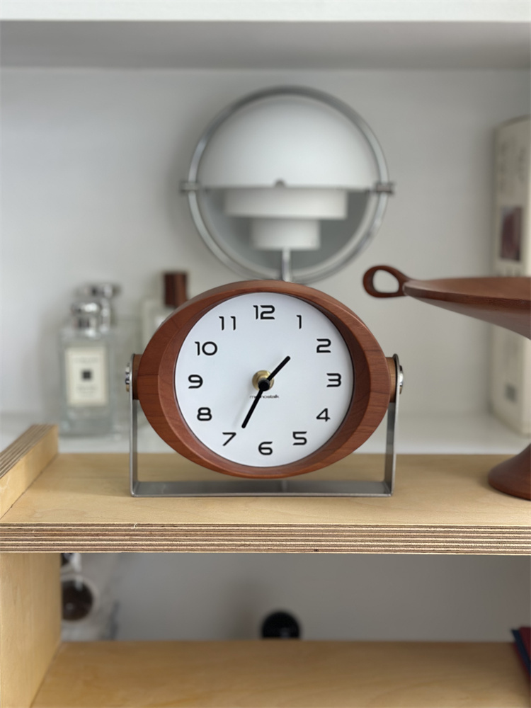 Minimalist Oval Wooden Desk Clock - Silent Non-Ticking