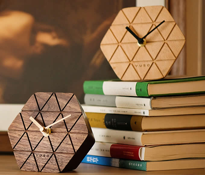 Handmade Beech Wood hexagonal Table Alarm Clock