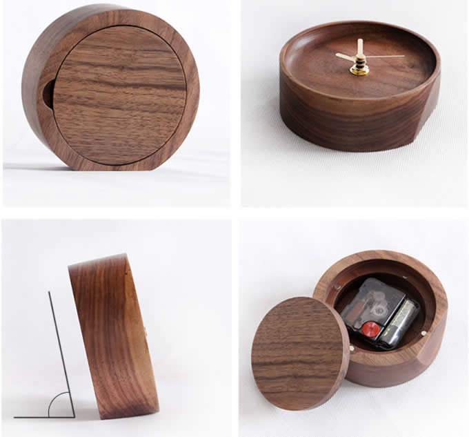 Handmade Black Walnut Round Table Alarm Clock