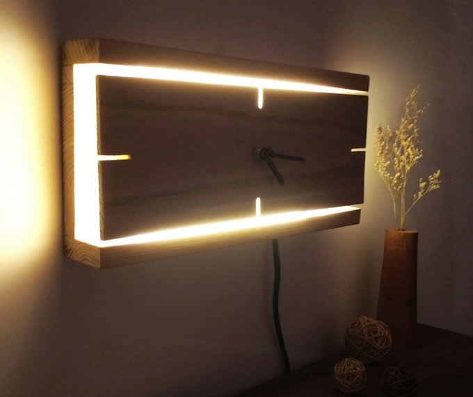   Rectangle Wooden Wall Clock With Led Night light