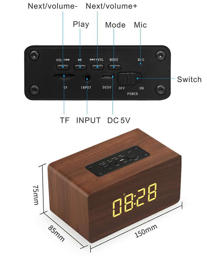 Wooden Bluetooth Alarm Clock Stereo Speaker 