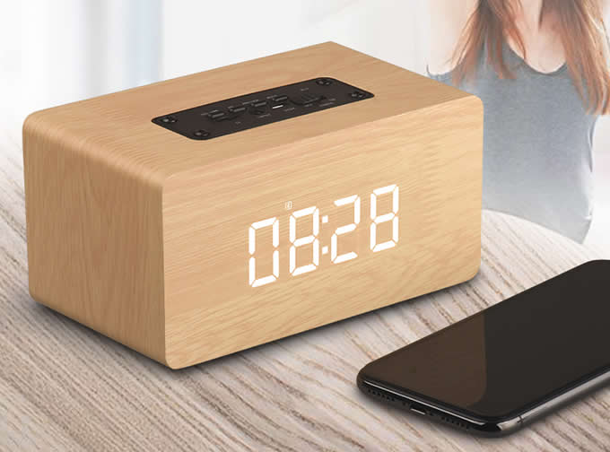 Wooden Bluetooth Alarm Clock Stereo Speaker 