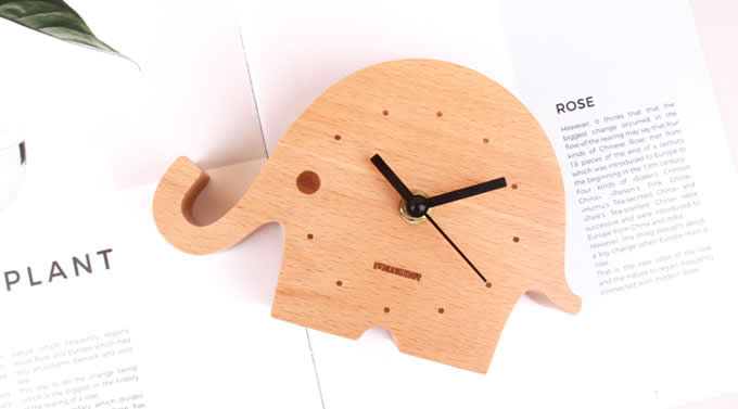 Wooden Elephant Desk Clock With Cell phone Stand