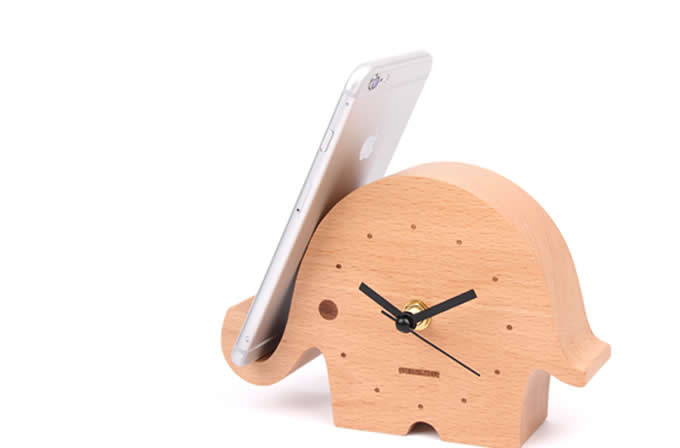 Wooden Elephant Desk Clock With Cell phone Stand