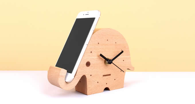 Wooden Elephant Desk Clock With Cell phone Stand