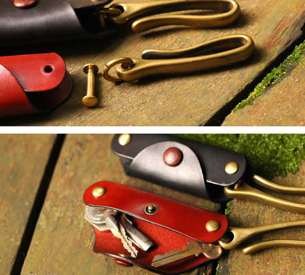 Vintage handmade leather brass combination key case
