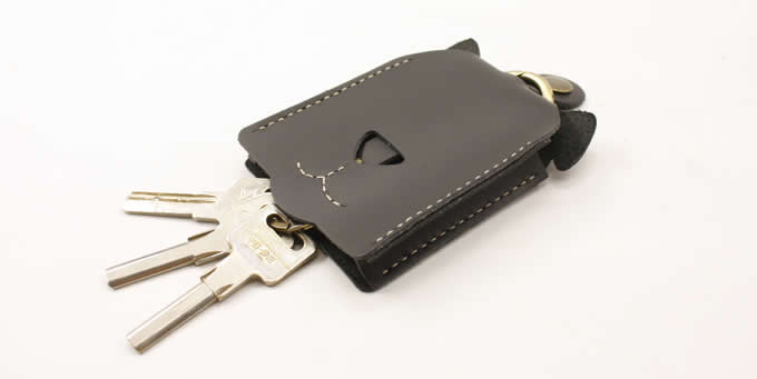 Leather Dog Face Key Bag with Key Ring