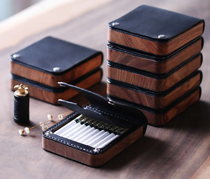  Genuine Leather&Wooden Cigarette Case