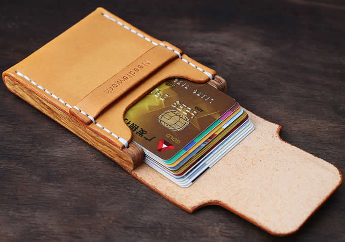  Handmade Genuine Leather&Wooden Business Name Card Holder Wallet Credit card ID Case / Holder