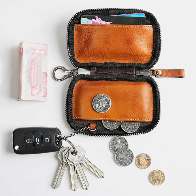Men Leather Zip Around 6 Hook Key Case Car Key Holder Wallet