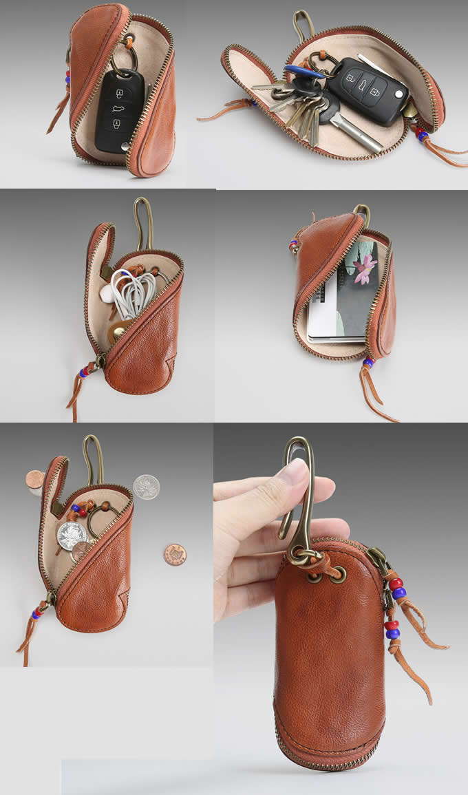 Handmade Leather Car Key Fob Keyless Entry Keychain Keybag Keycase Purse Wallet Zipper Organizer