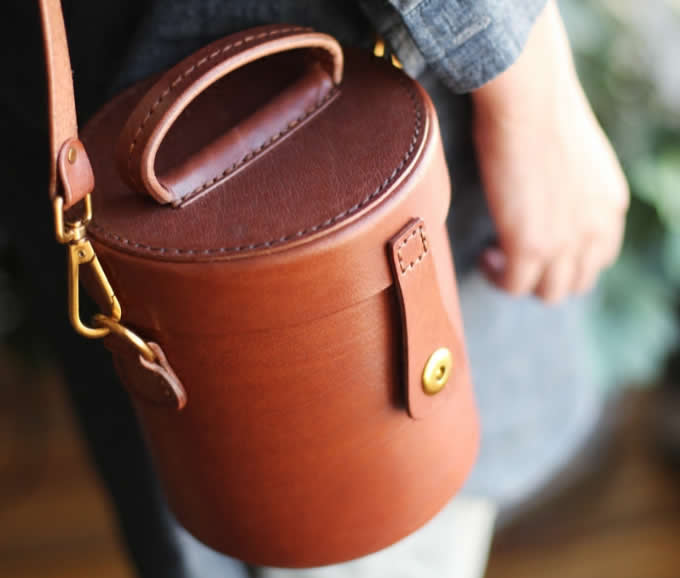 Handmade Leather Cylinder Shaped Purse Shoulder Bag