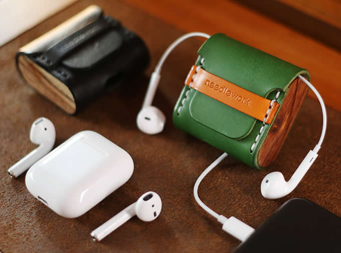  Leather&Wooden Protective Cover for Apple AirPods Charging Case   