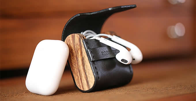  Leather&Wooden Protective Cover for Apple AirPods Charging Case   