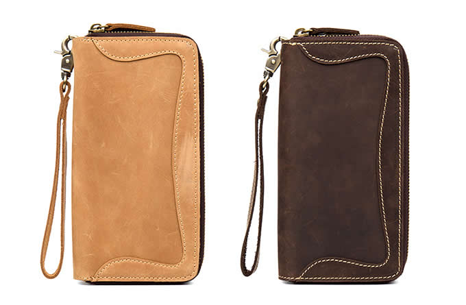  Mens Genuine Leather Cowhide Checkbook Organizer Double Zipper Long Wallet