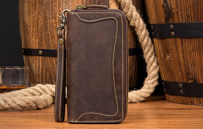  Mens Genuine Leather Cowhide Checkbook Organizer Double Zipper Long Wallet