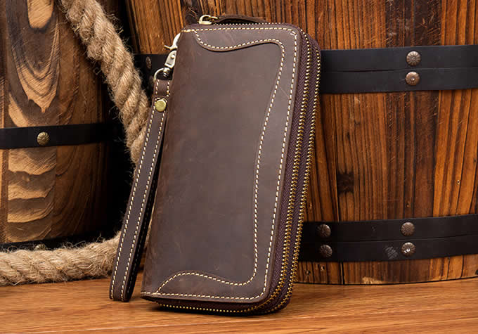  Mens Genuine Leather Cowhide Checkbook Organizer Double Zipper Long Wallet