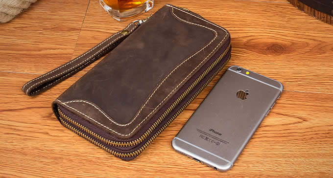  Mens Genuine Leather Cowhide Checkbook Organizer Double Zipper Long Wallet