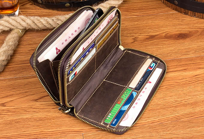  Mens Genuine Leather Cowhide Checkbook Organizer Double Zipper Long Wallet