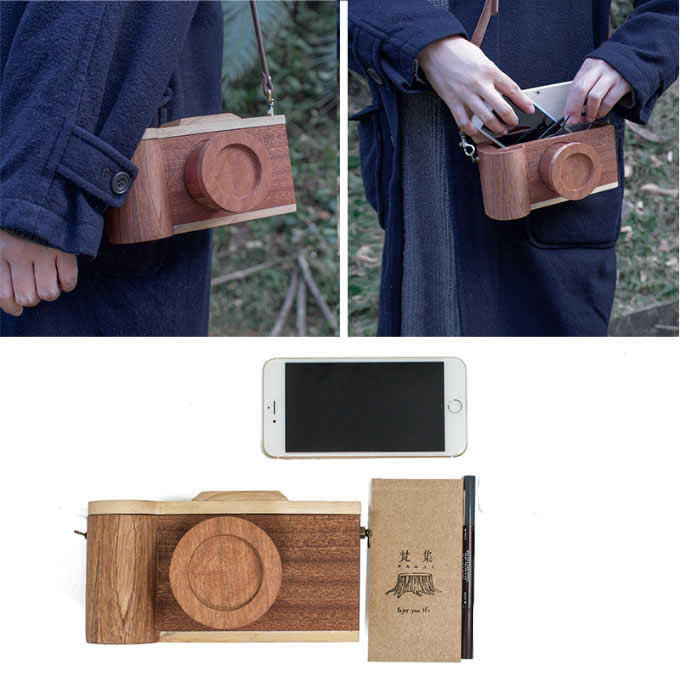 Handmade Wooden Camera Small Crossbody Cell Phone Purse Wallet With Shoulder Strap 