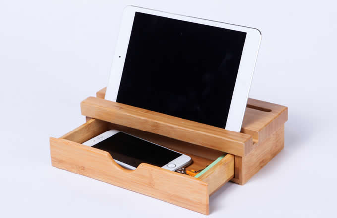 Bamboo desk organizer desktop caddy with drawer Holder For All iPhones & Android Smartphones Tablets 