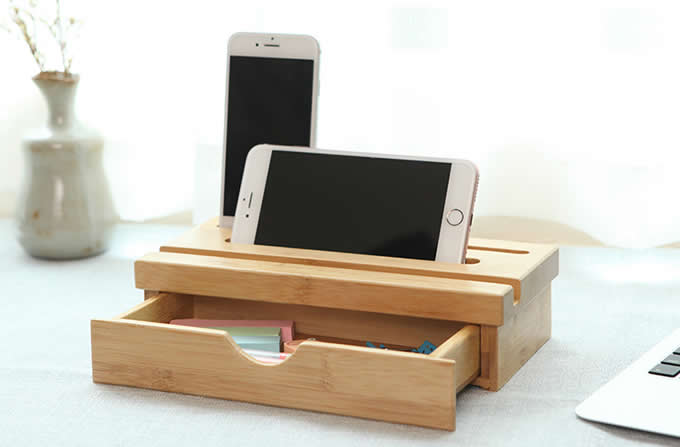 Bamboo desk organizer desktop caddy with drawer Holder For All iPhones & Android Smartphones Tablets