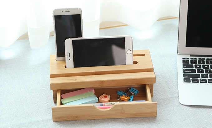 Bamboo desk organizer desktop caddy with drawer Holder For All iPhones & Android Smartphones Tablets 