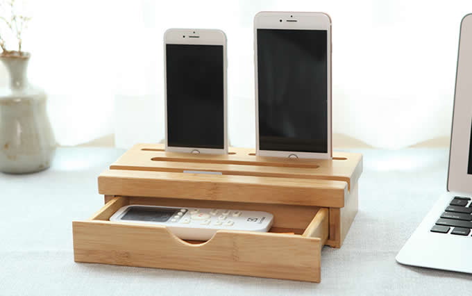 Bamboo desk organizer desktop caddy with drawer Holder For All iPhones & Android Smartphones Tablets 
