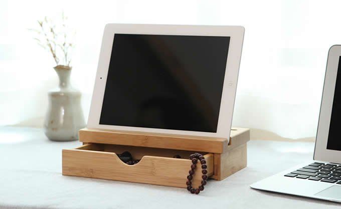 Bamboo desk organizer desktop caddy with drawer Holder For All iPhones & Android Smartphones Tablets