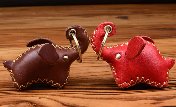 Handmade Genuine Leather Elephant Style Keychain Key Ring, 2 Piece Set